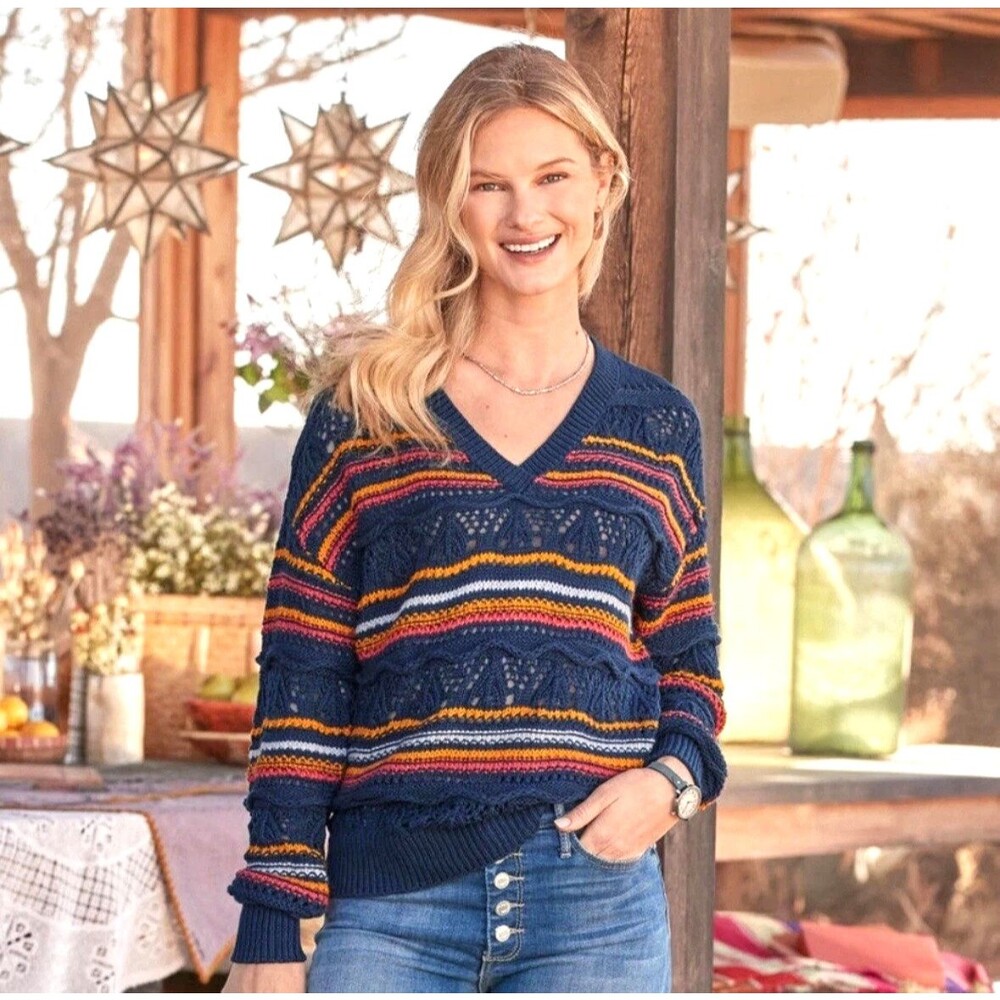 SUNDANCE ALYSHA V-NECK KNIT SWEATER WOMEN'S SIZE M NAVY BLUE MULTI-STRIPE